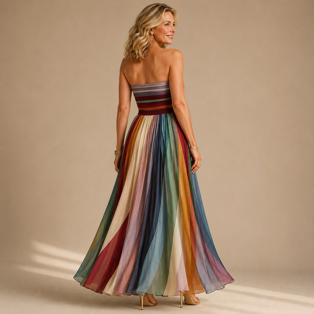 Judith | Women's Strapless Colorful Pleated Summer Maxi Dress Strapless