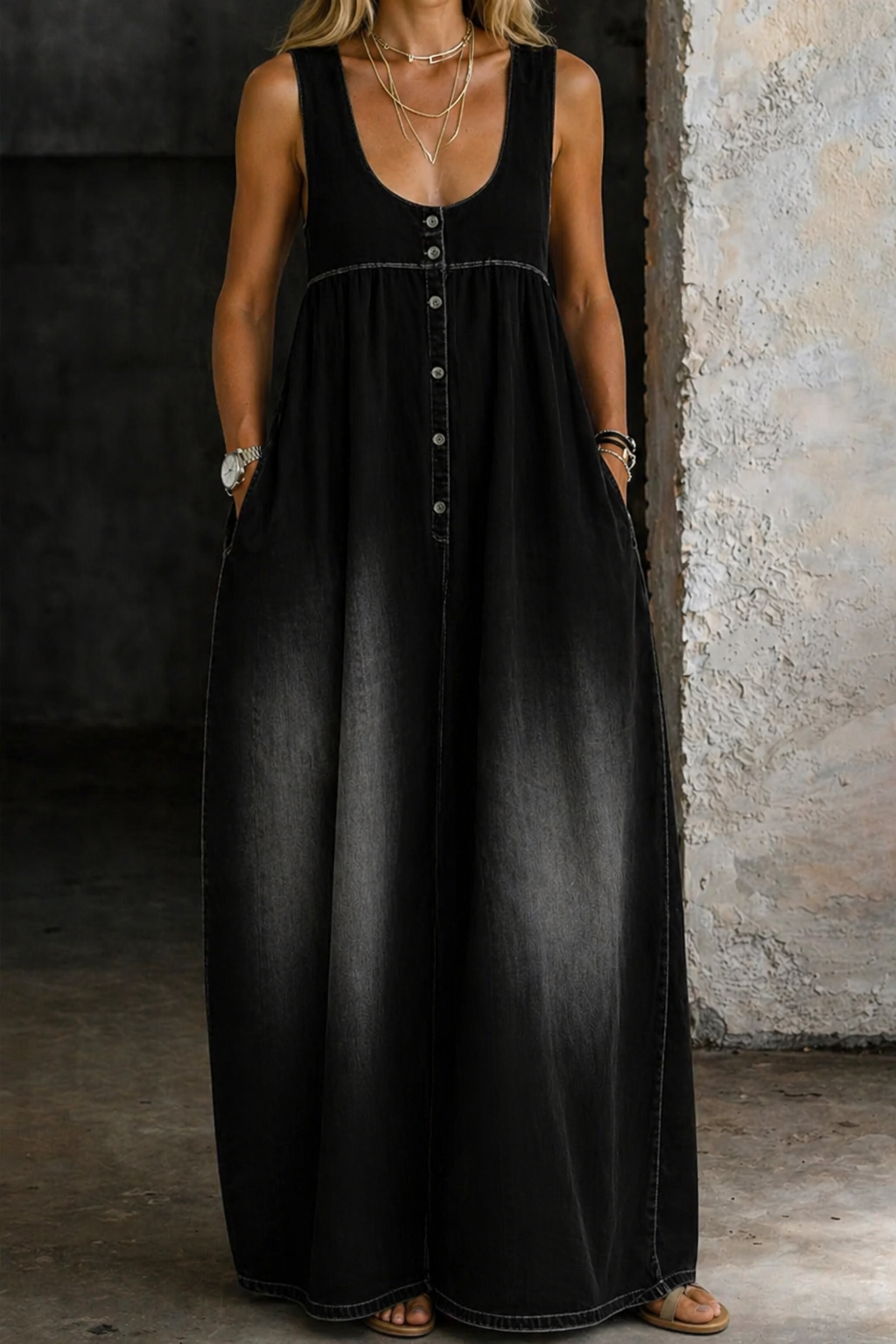 loose vest dress Hurxie Womens Casual Sleeveless Maxi Dress Crewneck Vintage Loose Long Vest Dress with Pockets Dark Blue,5XL