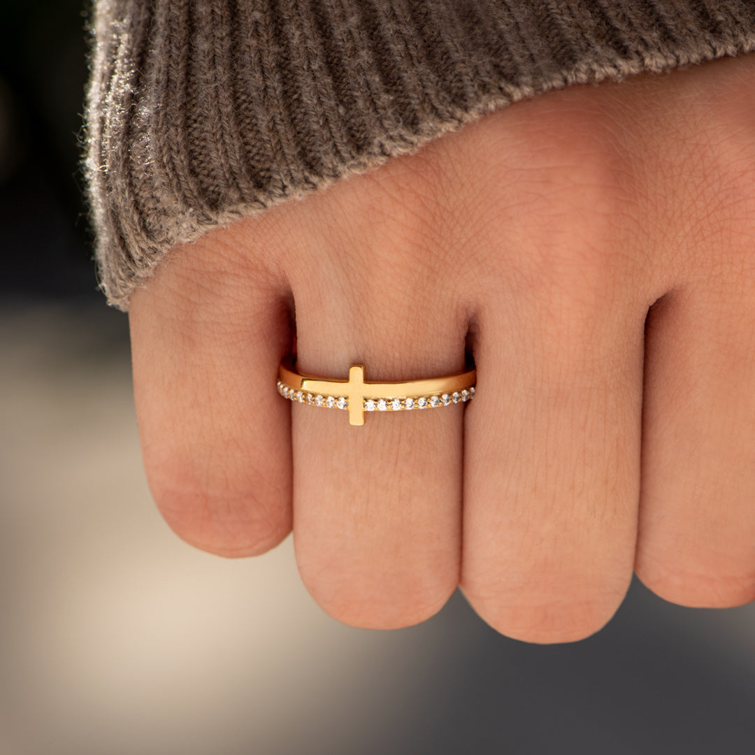 Faith-Inspired Christian Golden Cross Pavé Ring