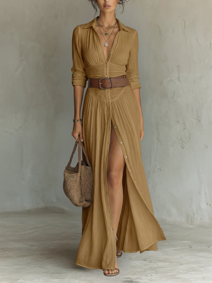 Vestido largo de lino con cuello con solapas y mangas largas