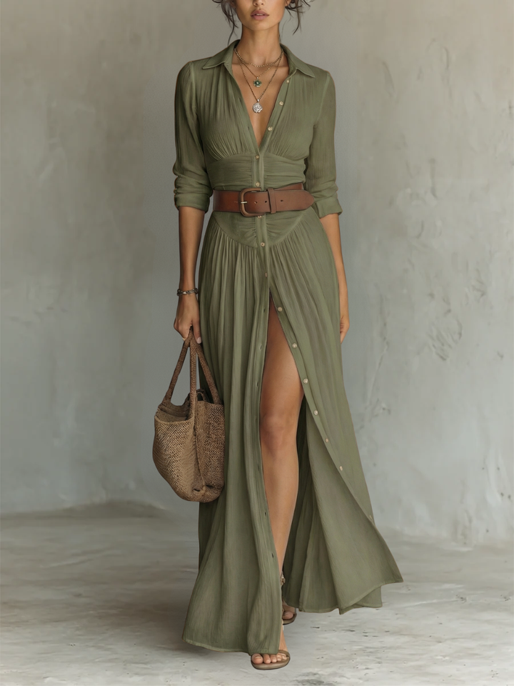 Long Maxi Linen Dress with Notched Collar and Long Sleeves