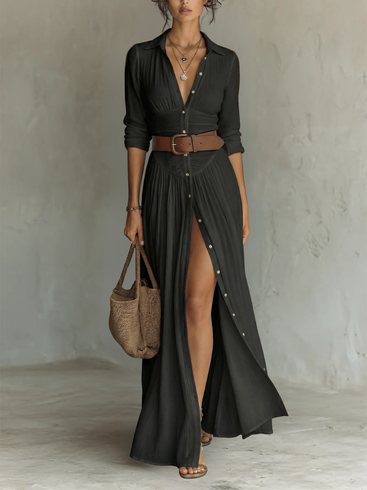 Long Maxi Linen Dress with Notched Collar and Long Sleeves