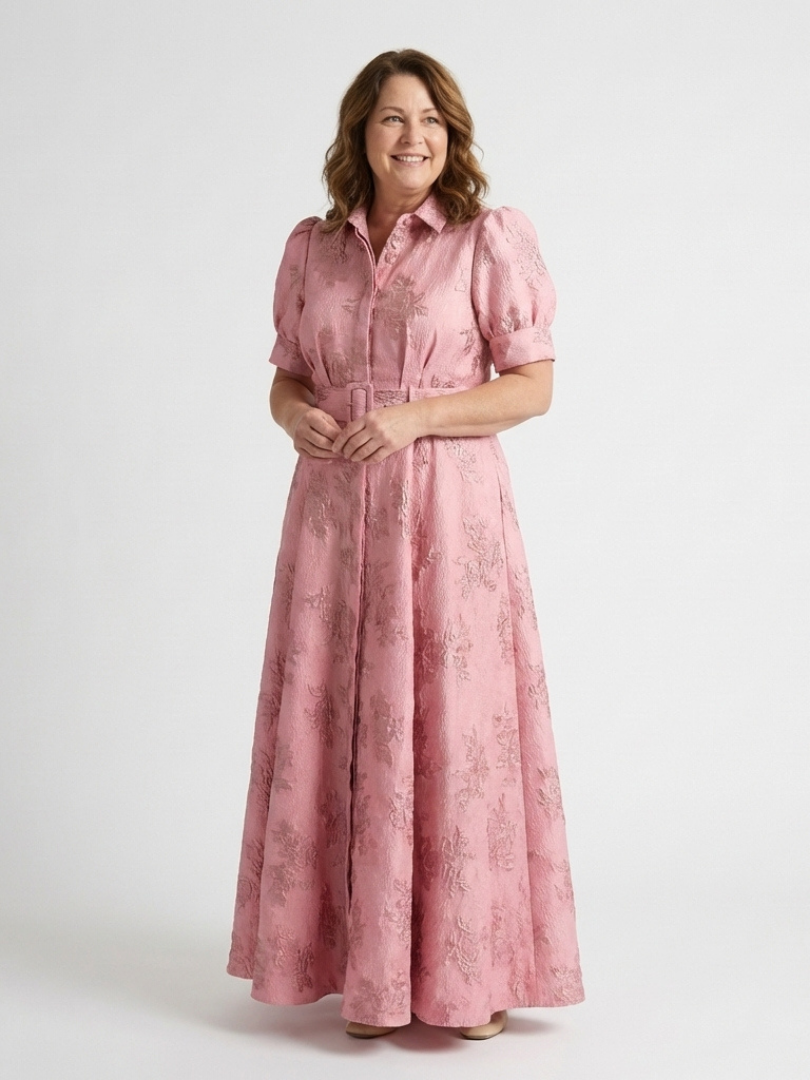 Xanthea | Vestido Camisa Longo Floral Texturizado com Cinto e Manga Curta
