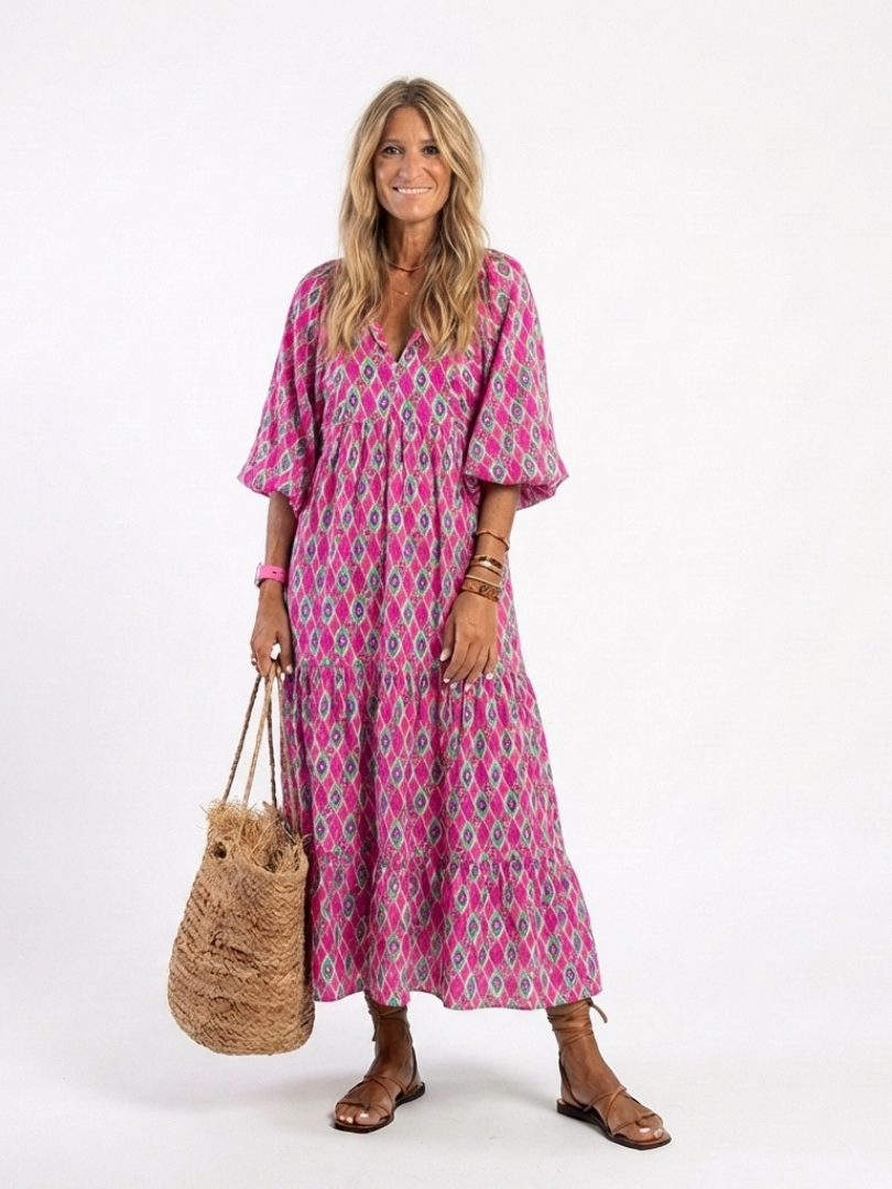 Apolline | Vestido midi estampado con mangas tres cuartos y escote en V