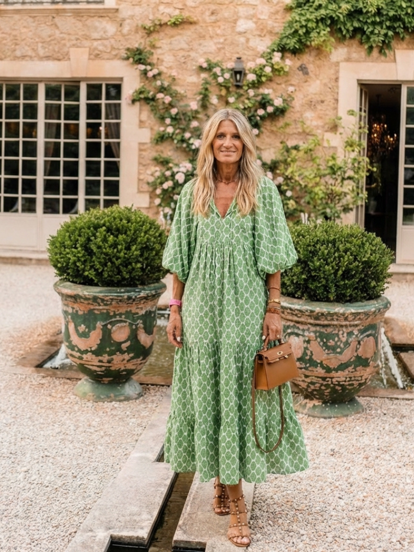 Apolline | Vestido midi estampado con mangas tres cuartos y escote en V