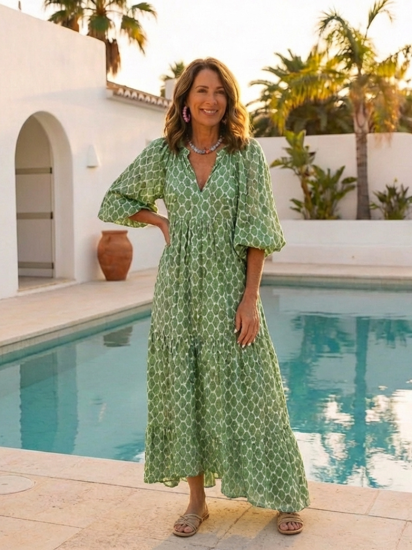 Apolline | Vestido midi estampado con mangas tres cuartos y escote en V