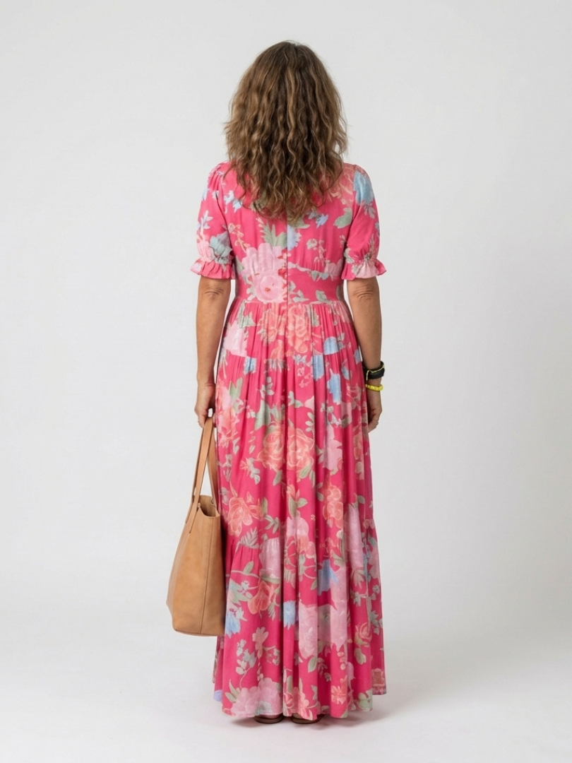 Ione | Vestido Midi Floral de Manga Curta com Decote em V