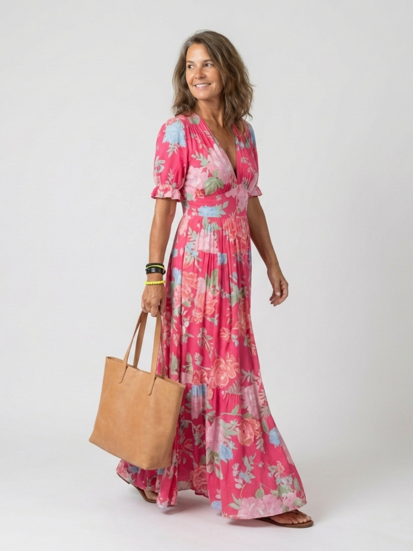 Ione | Vestido Midi Floral de Manga Curta com Decote em V