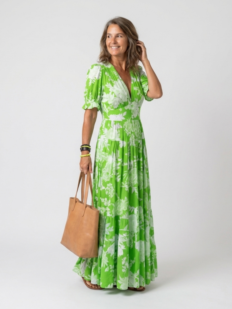 Ione | Vestido Midi Floral de Manga Curta com Decote em V