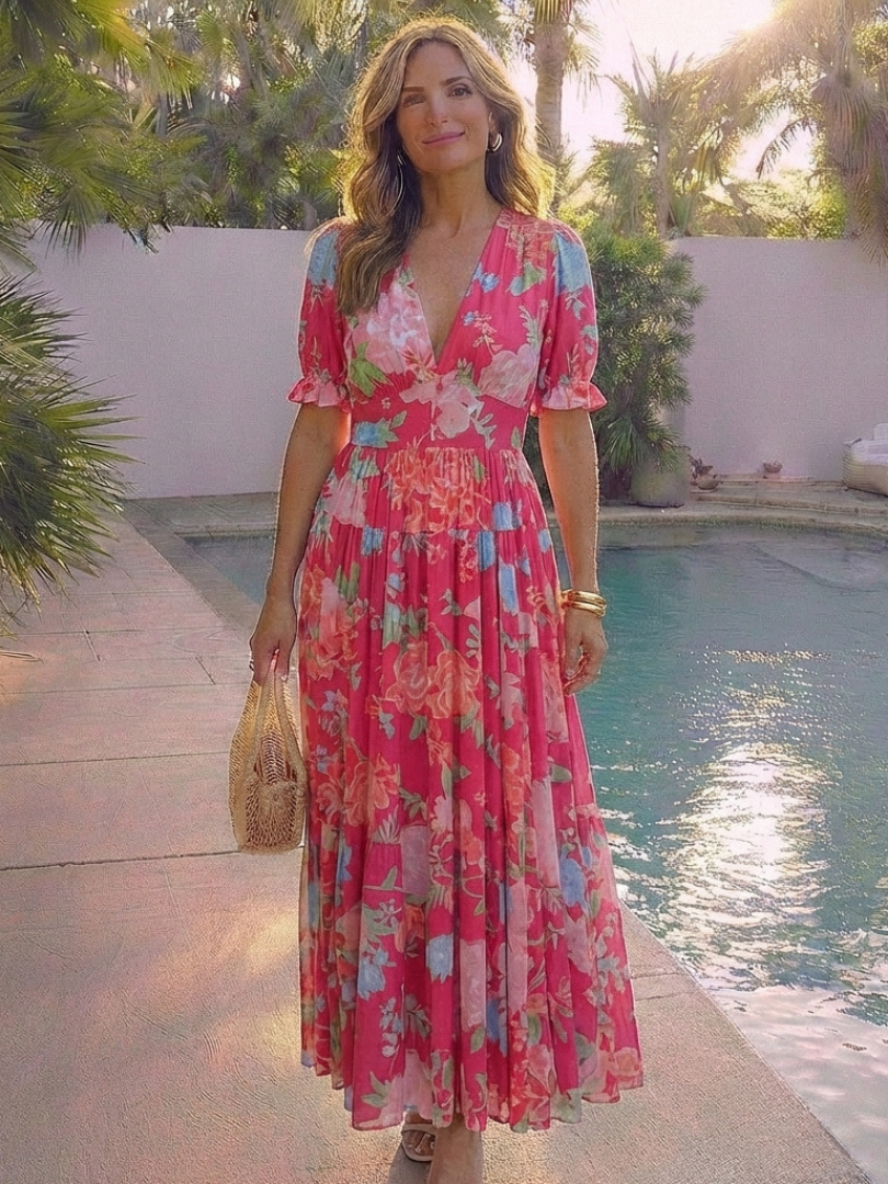 Ione | Vestido Midi Floral de Manga Curta com Decote em V