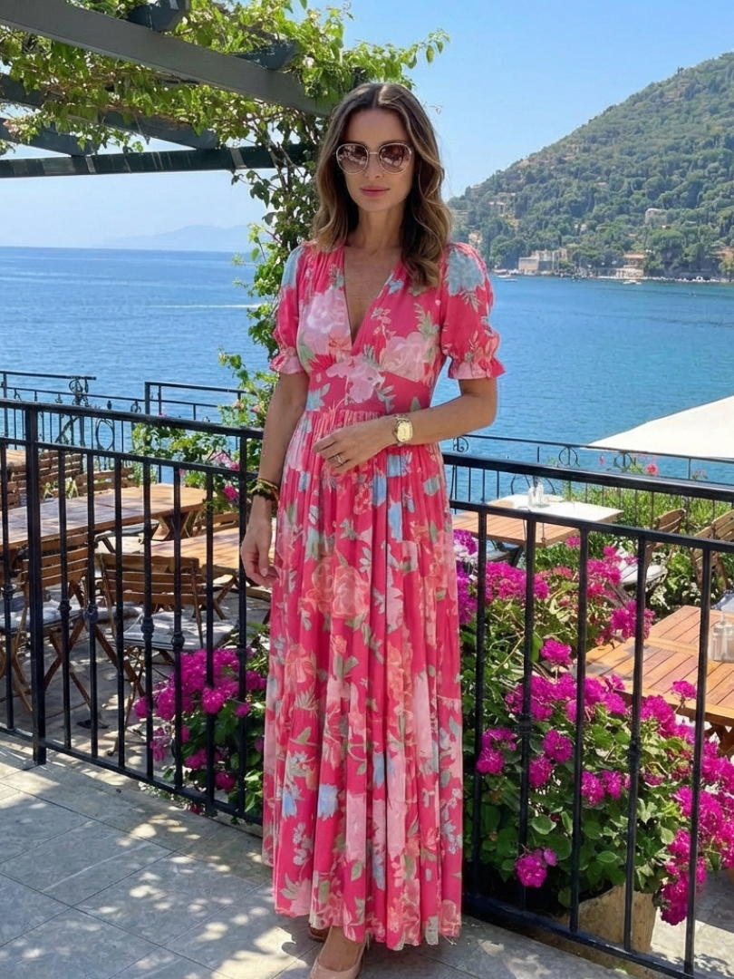 Ione | Vestido Midi Floral de Manga Curta com Decote em V