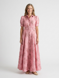 Xanthea | Vestido camisero largo texturizado, floral, con cinturón y mangas cortas