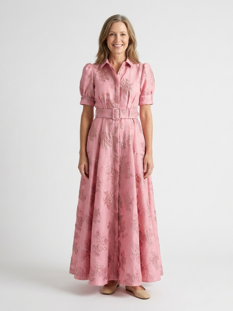 Xanthea | Vestido Camisa Longo Floral Texturizado com Cinto e Manga Curta