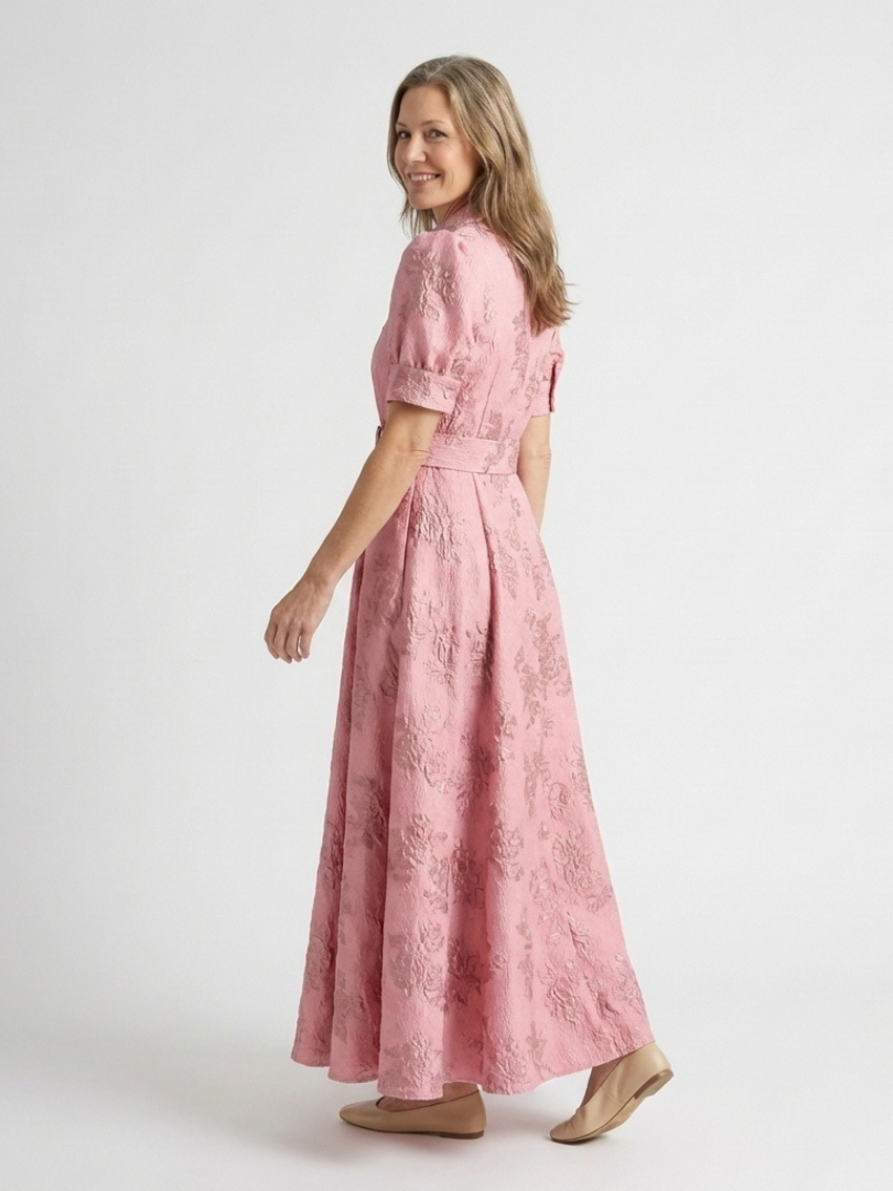 Xanthea | Vestido Camisa Longo Floral Texturizado com Cinto e Manga Curta