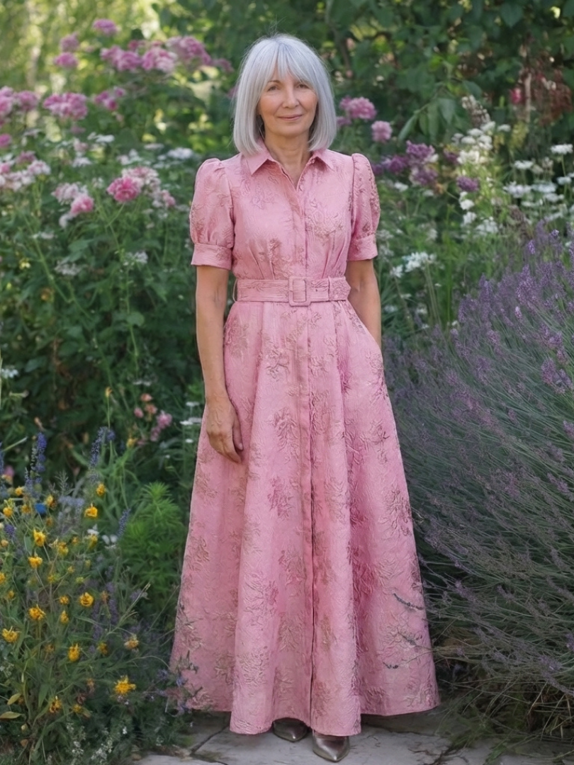 Xanthea | Vestido camisero largo texturizado, floral, con cinturón y mangas cortas