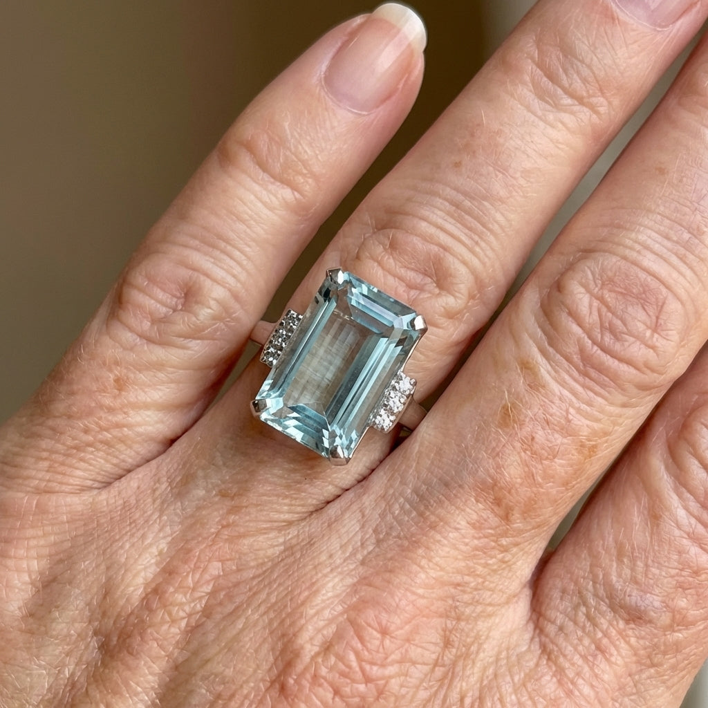 Elegant Classic 4 Prong Square Sea Blue Gemstone Ring