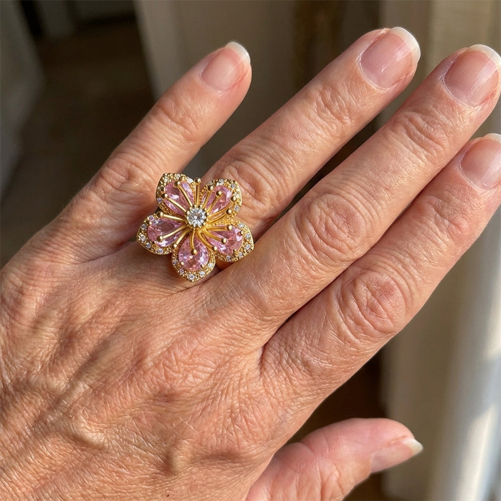 Elegant Gold Plated Pink Zirconia Flower Ring