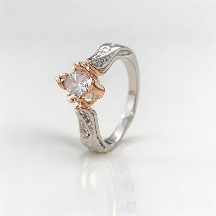 Elegant Silver Plated Zirconia Inlaid Two Tone Rose Flower Ring