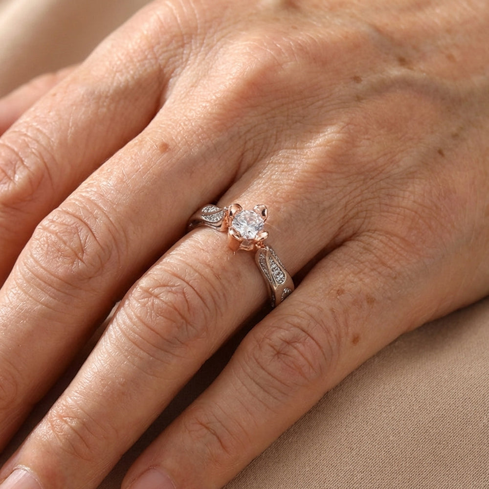 Elegant Silver Plated Zirconia Inlaid Two Tone Rose Flower Ring
