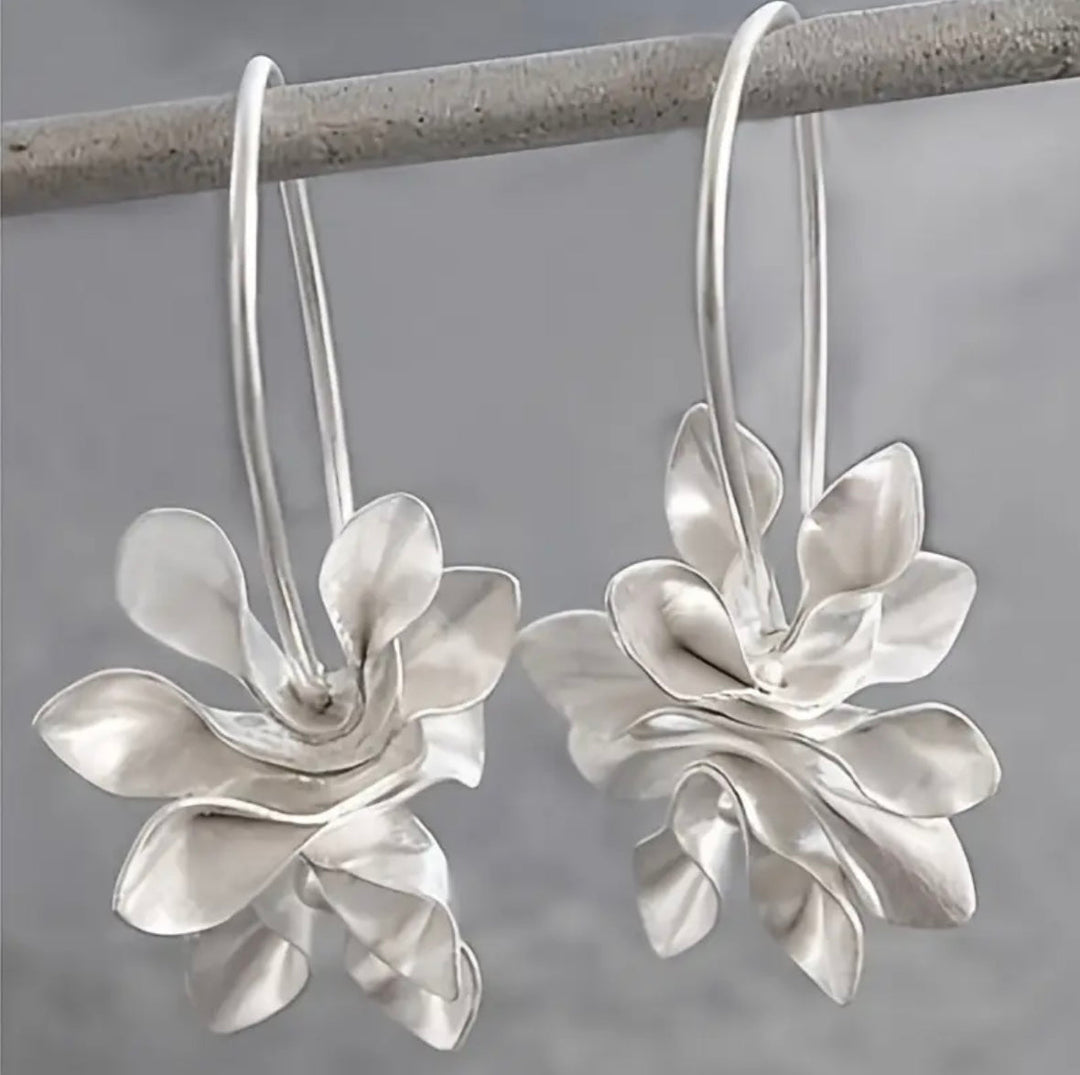 Elegant Silver Floral Hoop Drop Earrings