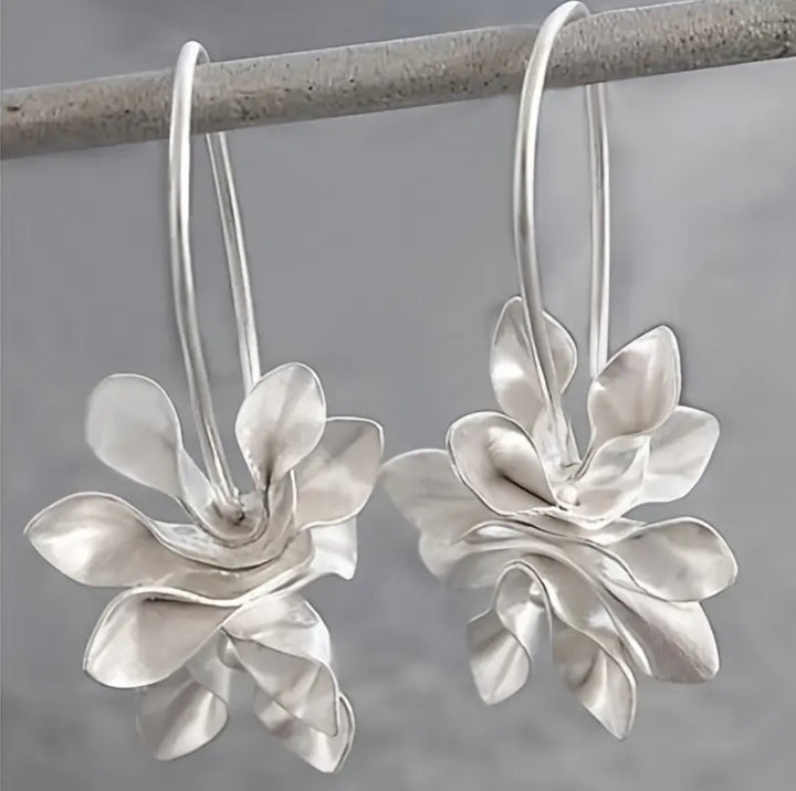 Elegant Silver Floral Hoop Drop Earrings