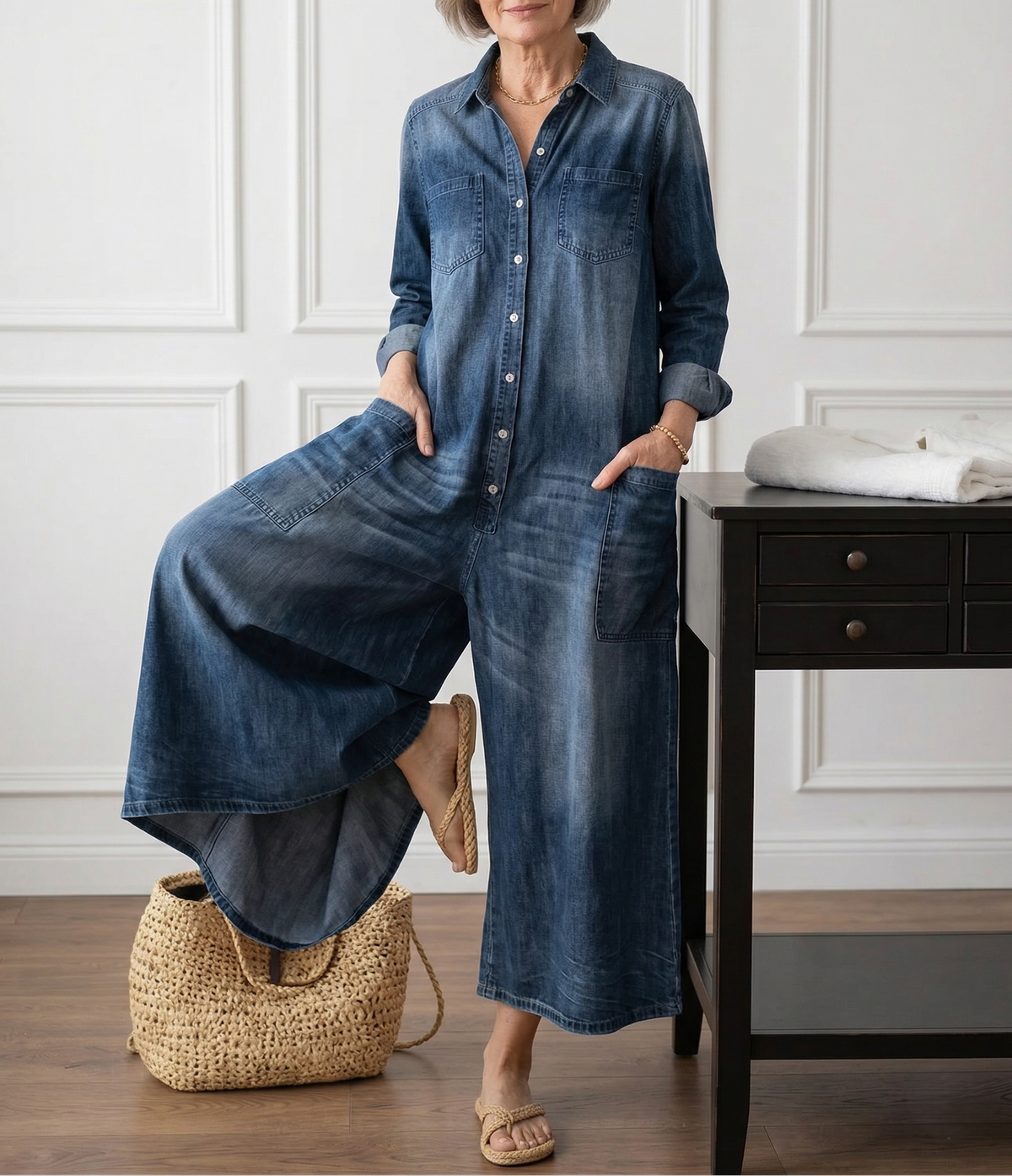 Diana | Tuta vintage effetto denim in morbido cotone slavato con chiusura a bottoni