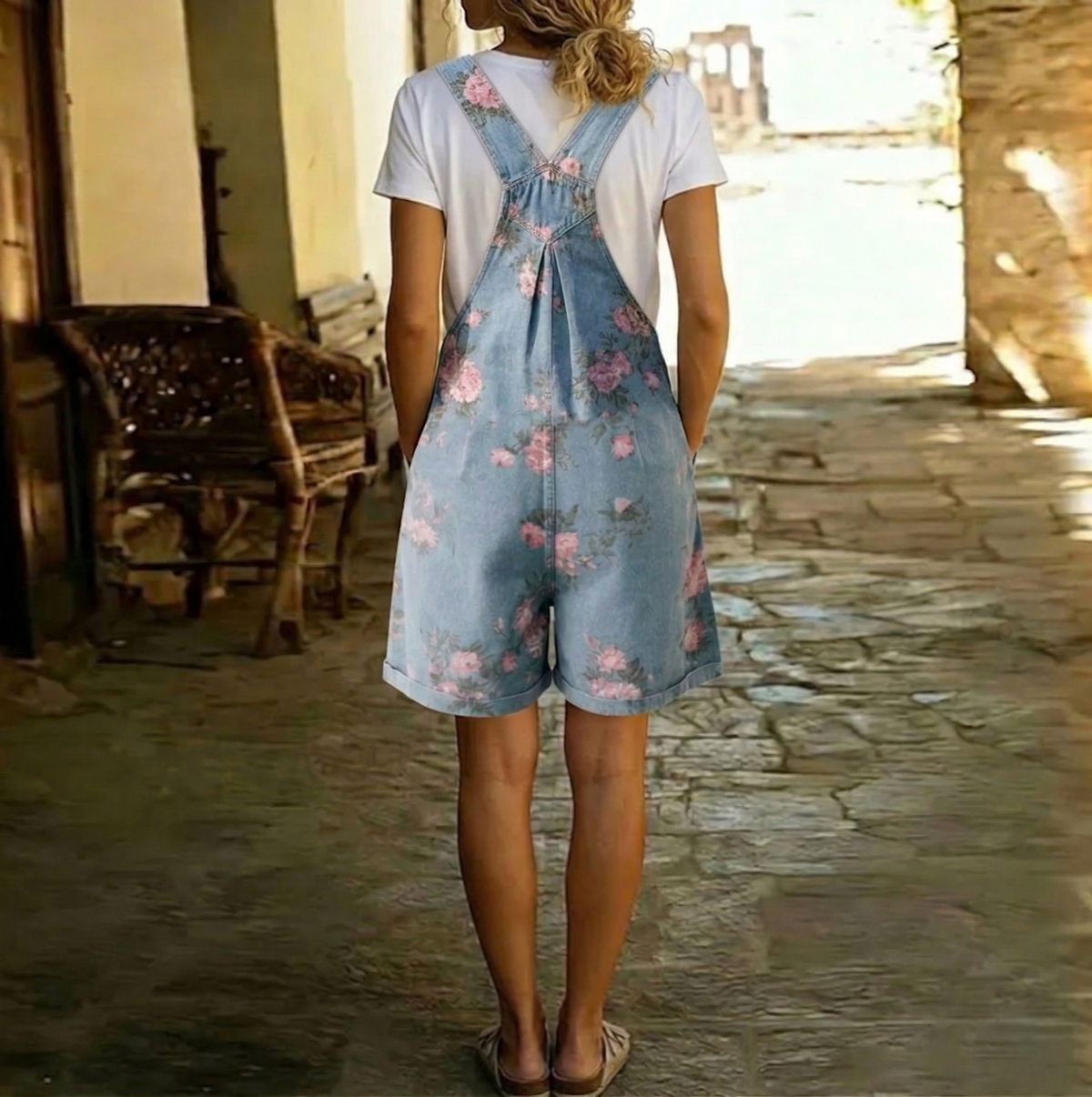 Judy | Tuta floreale vintage effetto denim in morbido cotone slavato
