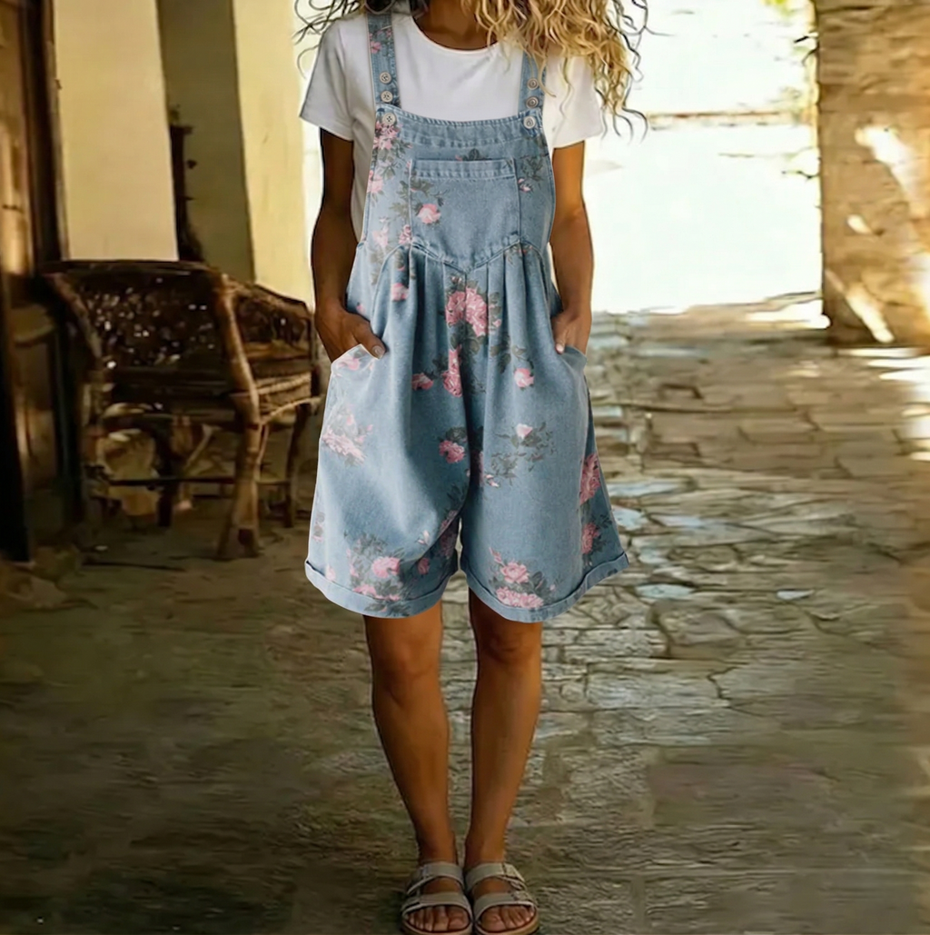 Judy | Tuta floreale vintage effetto denim in morbido cotone slavato