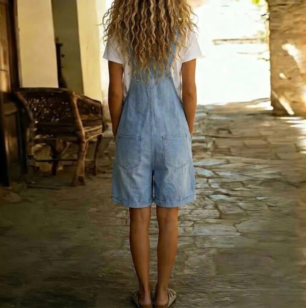 Clara | Vintage korte tuinbroek van zachte katoen met gewassen denimlook, lichtblauw