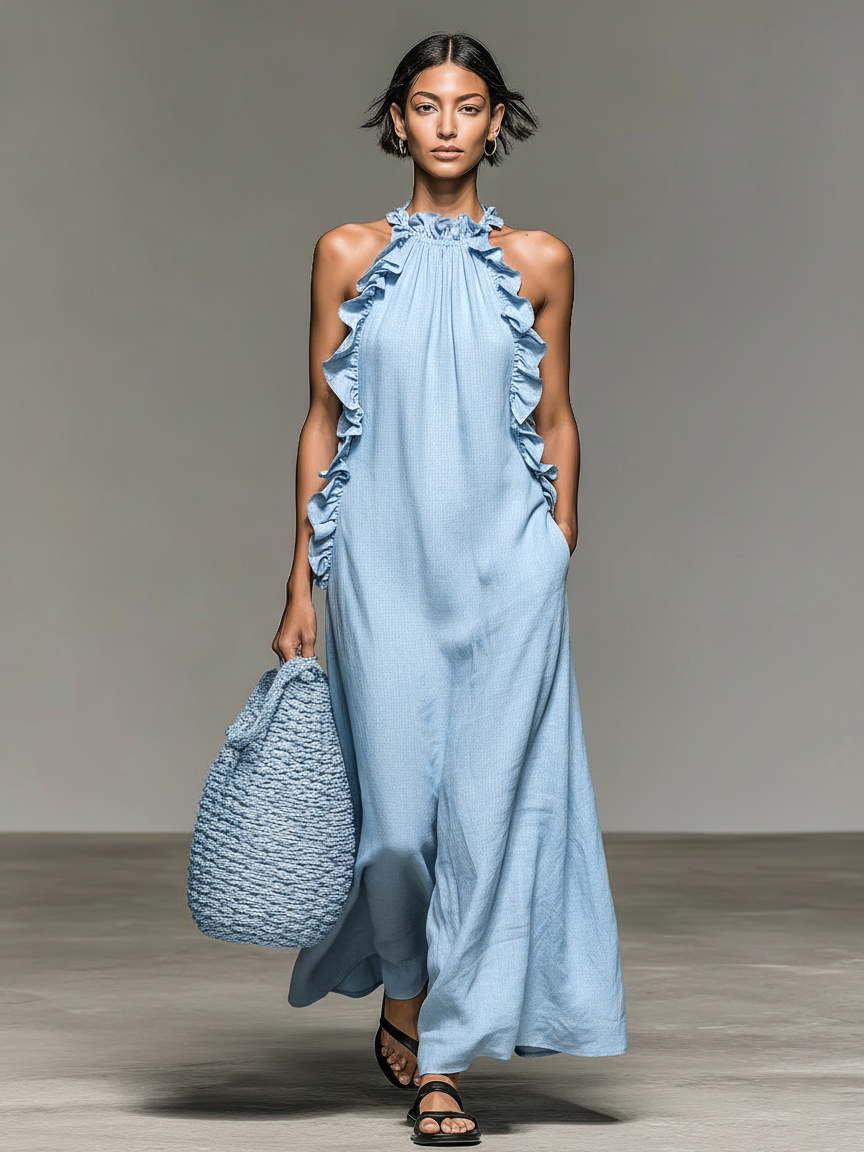 Gladys maxi dress with pockets by Bennett and Lowe, flowing fabric, sleeveless design, and side pockets for casual style.
