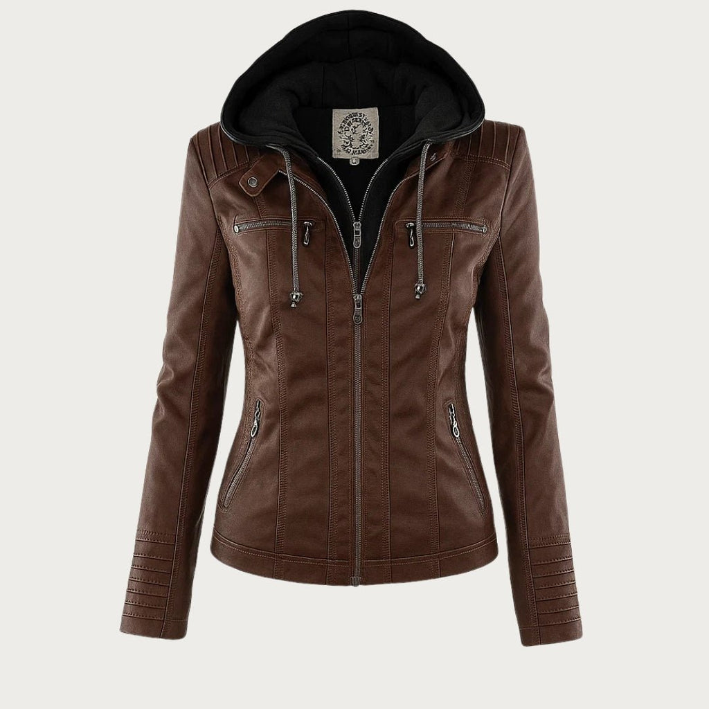 Leather Biker Jacket with Removable Hood and Zip Detail