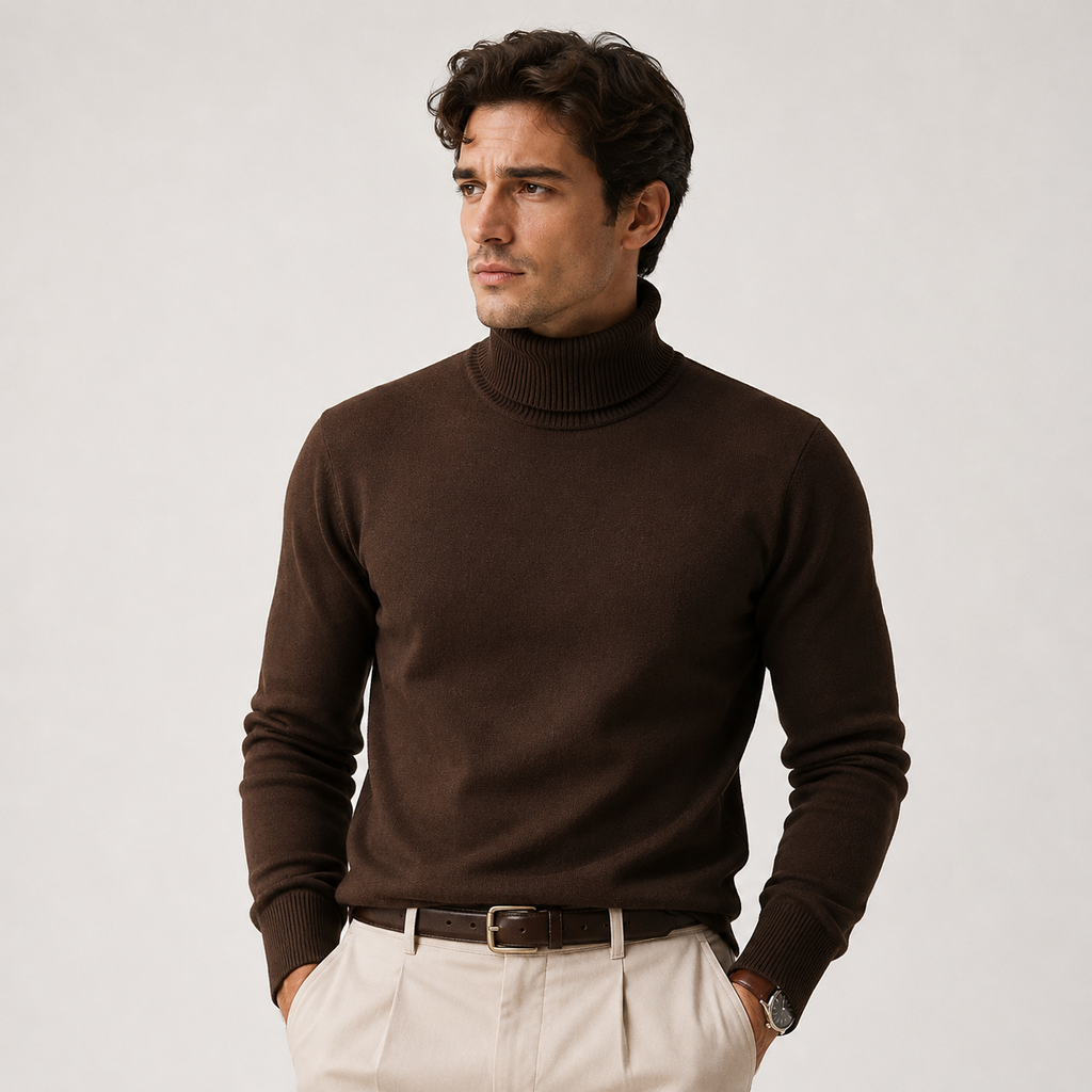 A man wearing a dark brown ribbed turtleneck sweater, paired with beige trousers and a brown belt, standing against a light gray studio background.