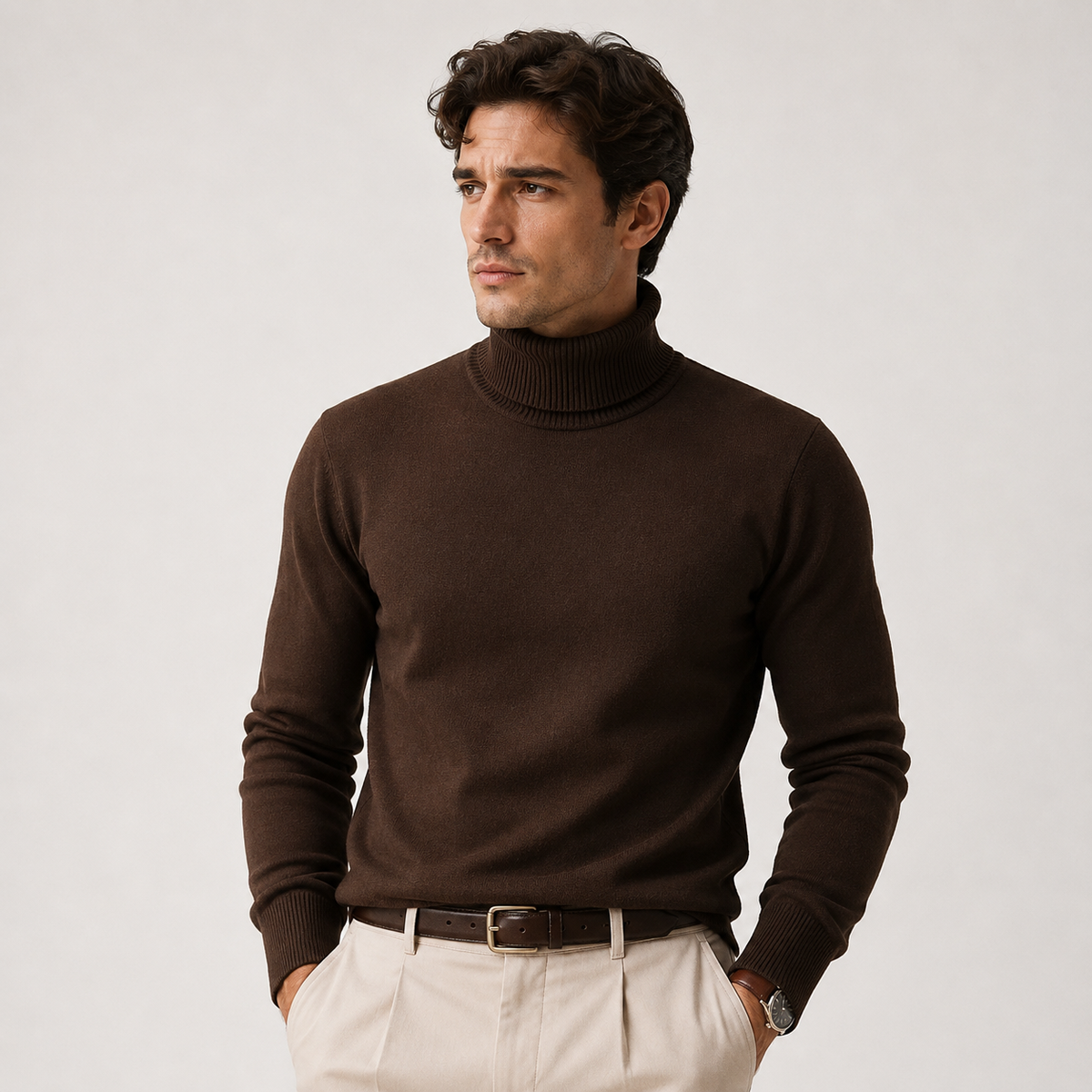 A man wearing a dark brown ribbed turtleneck sweater, paired with beige trousers and a brown belt, standing against a light gray studio background.