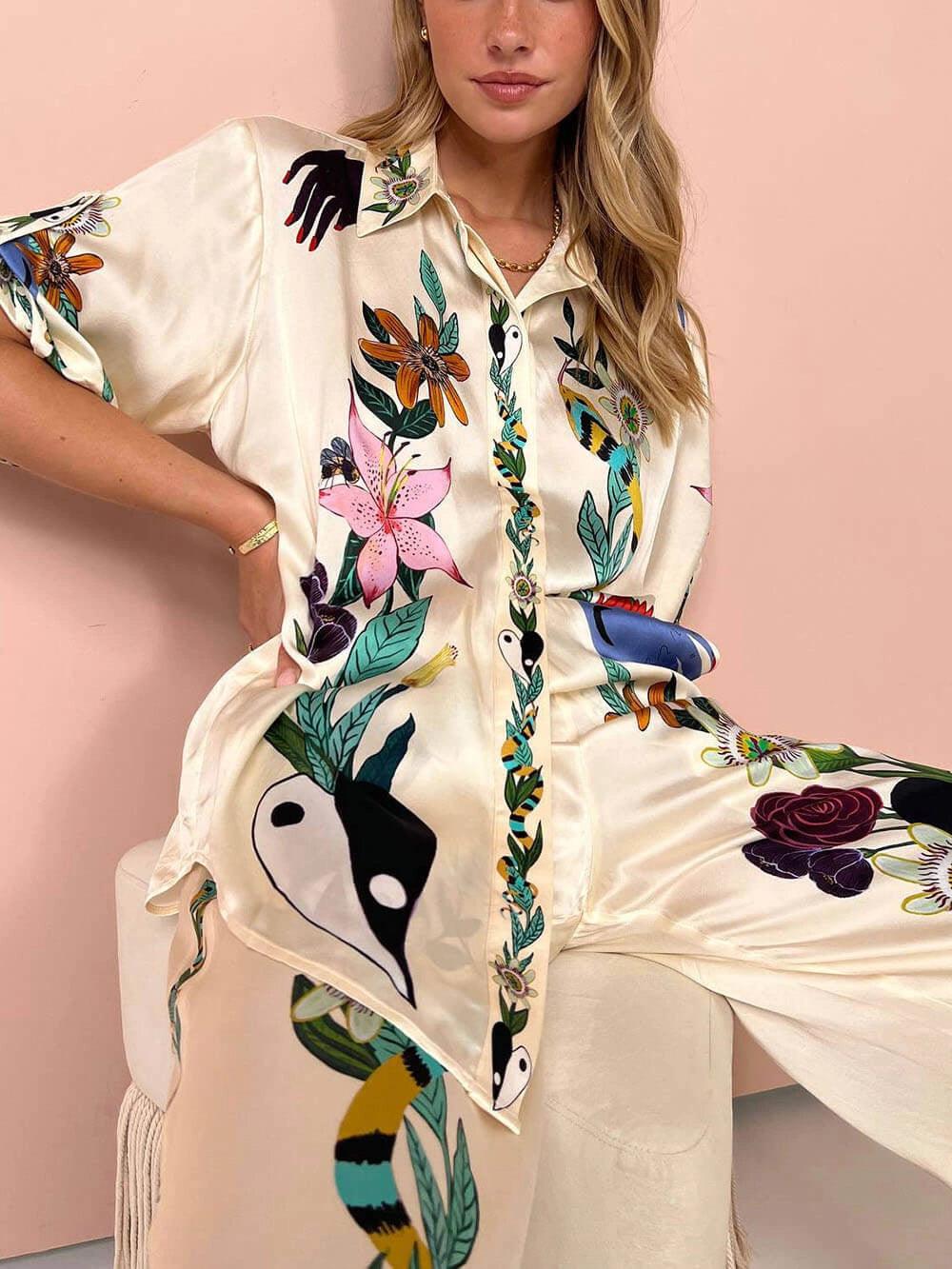 Conjunto Luca de Camisa e Calça Estampadas em Cetim