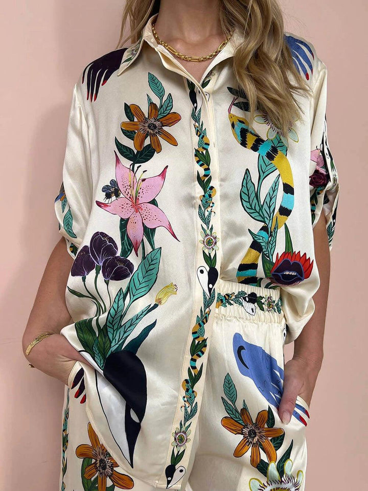 Conjunto Luca de Camisa e Calça Estampadas em Cetim