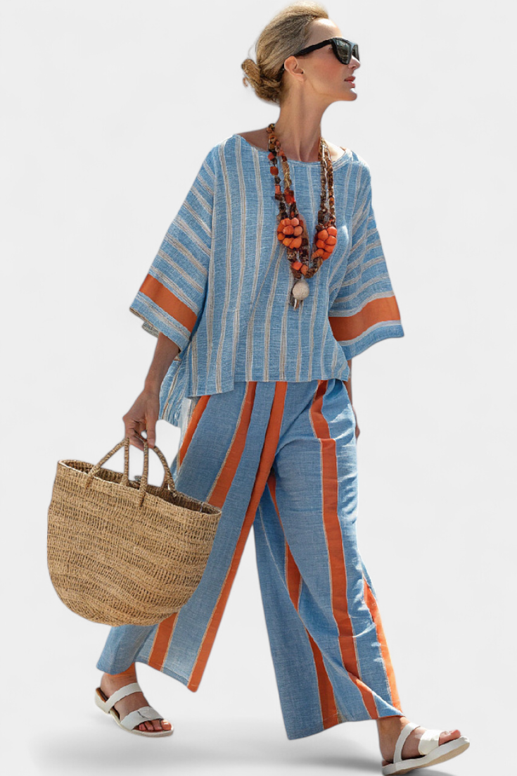 Velmere | Blusa sofisticada listrada terracota e calça de linho