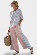 Virella | Blusa elegante de lino rosa y azul y pantalón suave