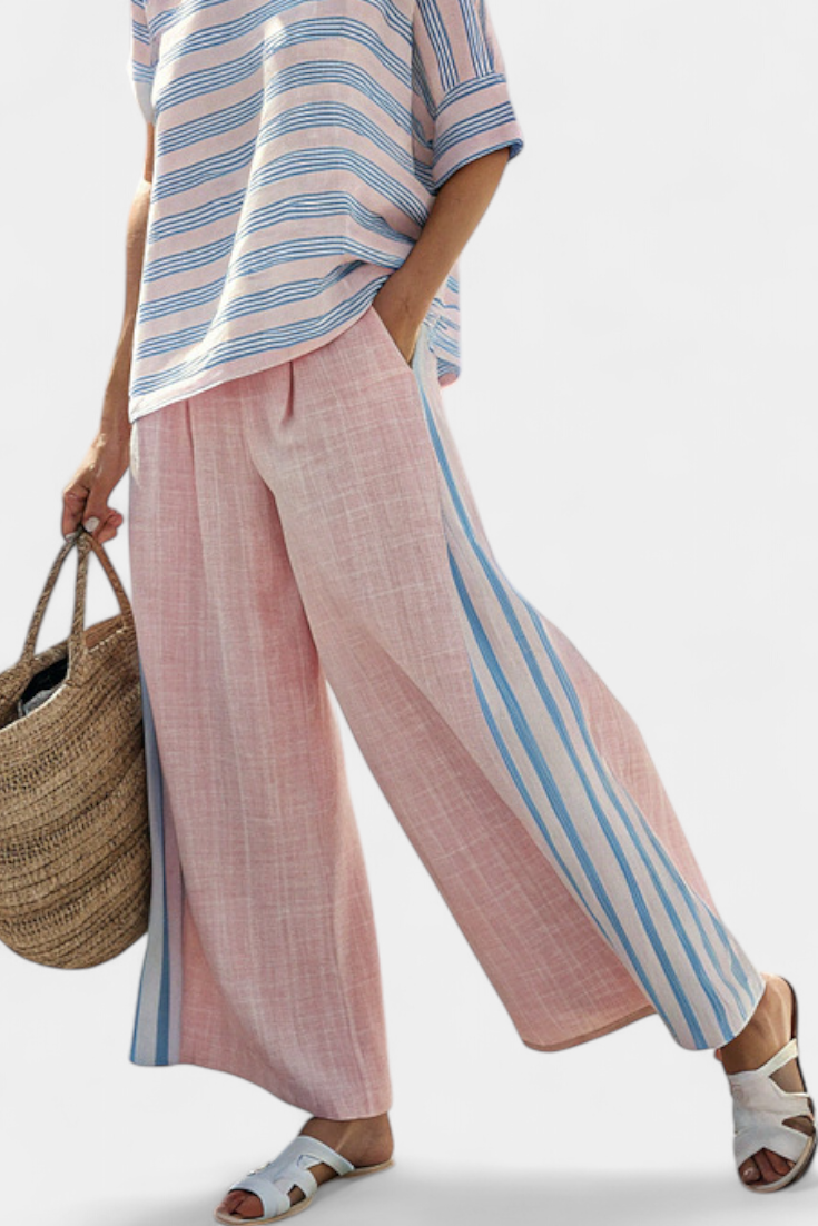 Virella | Blusa elegante de lino rosa y azul y pantalón suave