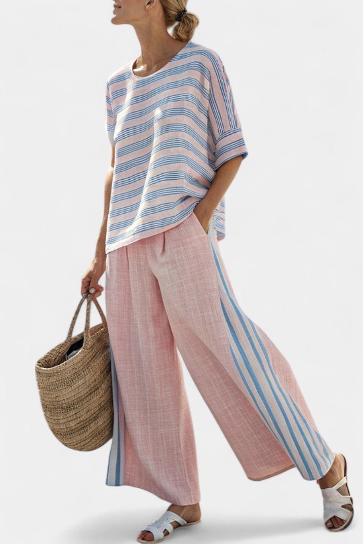 Virella | Blusa elegante de lino rosa y azul y pantalón suave