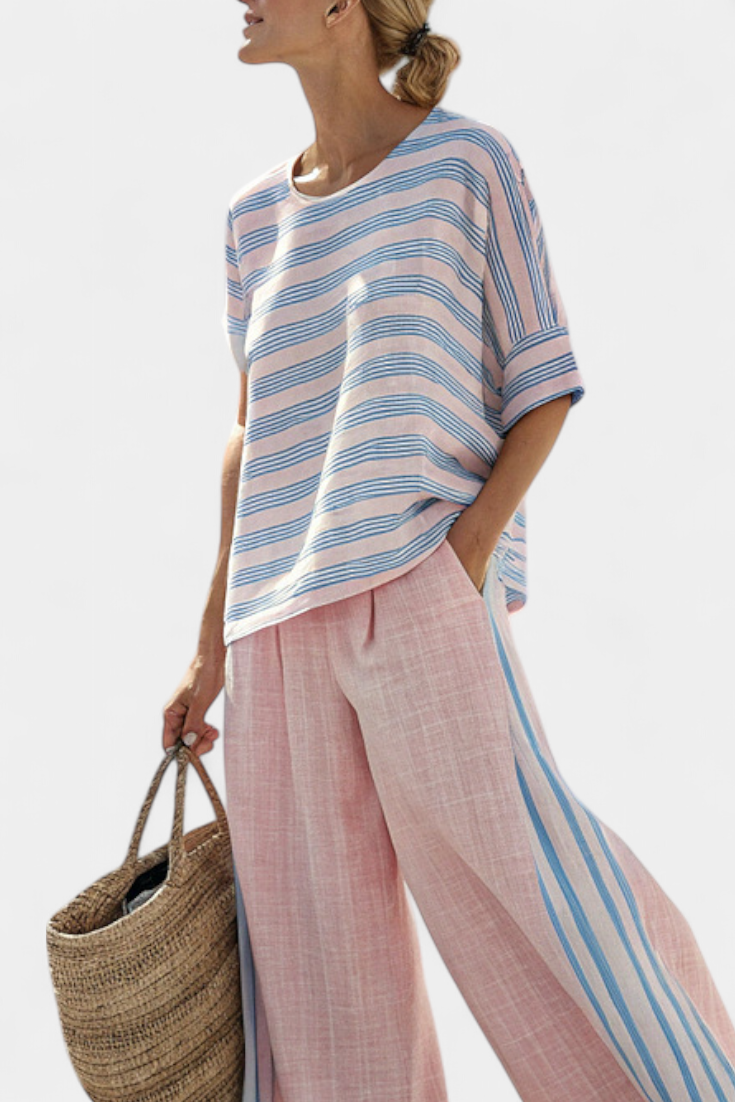 Virella | Blusa elegante de lino rosa y azul y pantalón suave