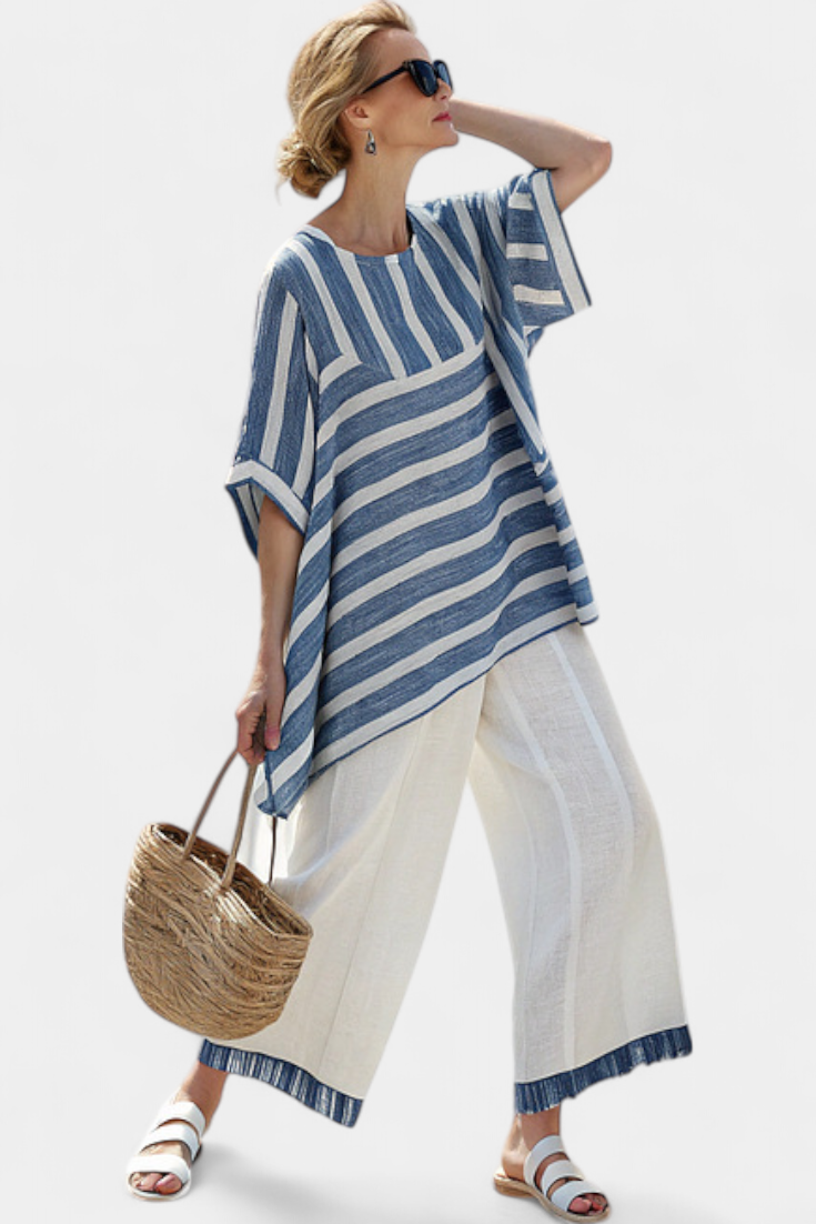 Corvielle | Sophisticated Blue Striped Top & Hem-Detailed Pants