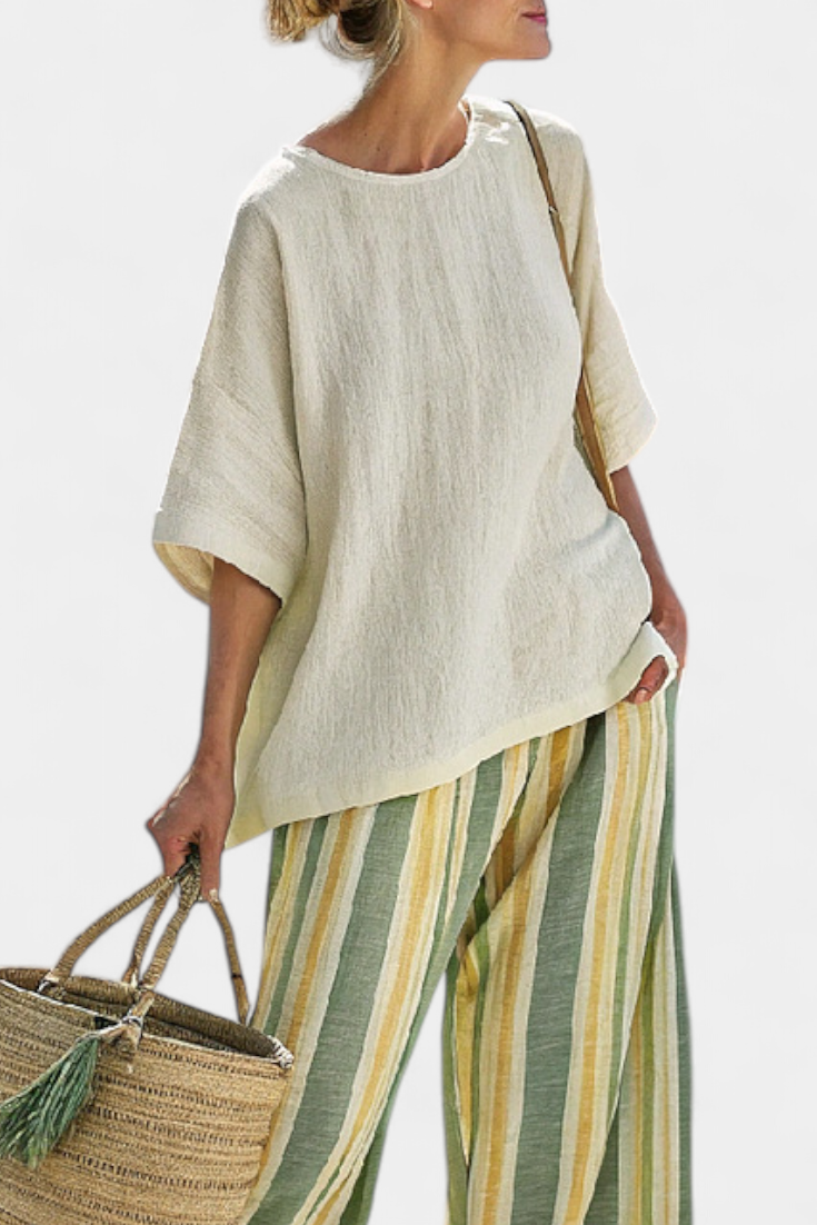 Ellowyn | Blusa sofisticada e calça listrada de linho