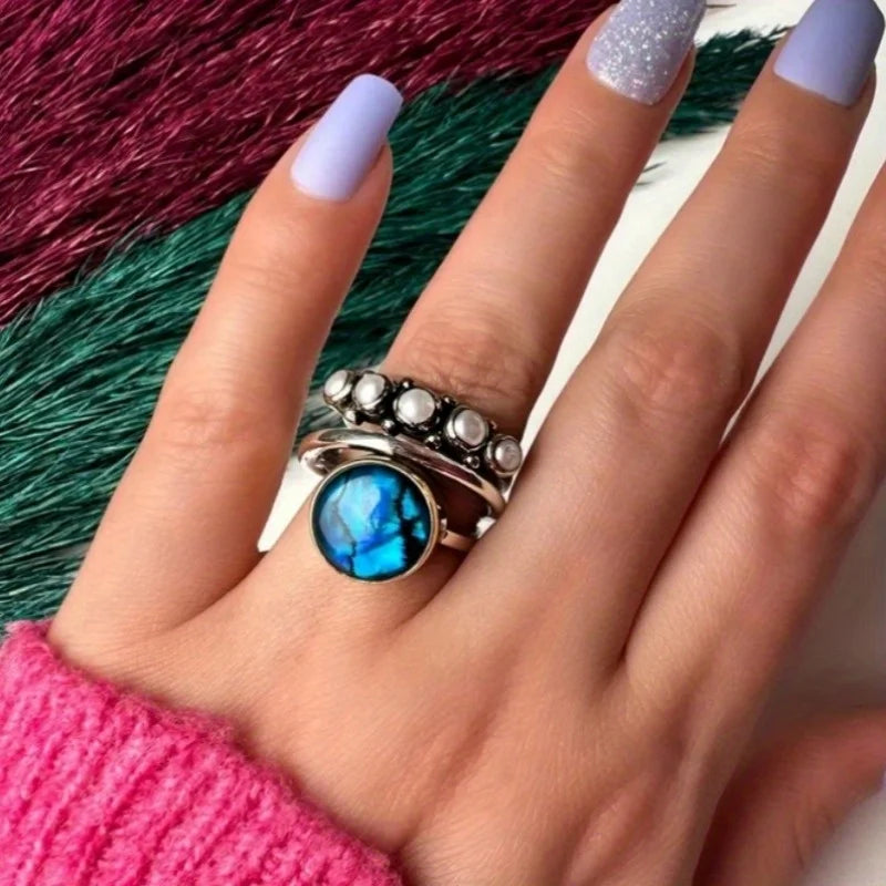 Ocean Blue Abalone & Pearl Stacking Ring