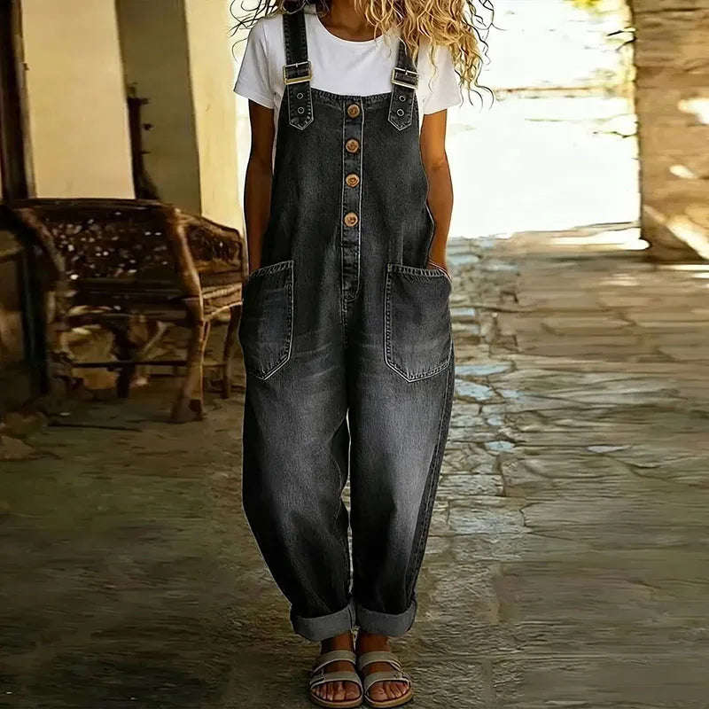 Mae | Salopette vintage effetto denim in morbido cotone con spalline regolabili