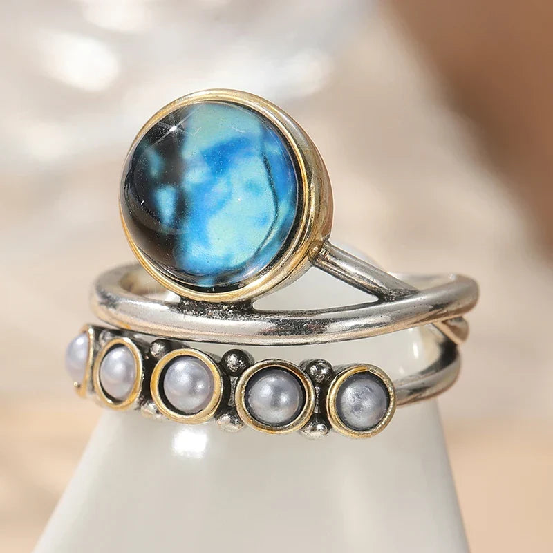 Ocean Blue Abalone & Pearl Stacking Ring