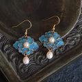 Vintage Blue Enamel Flower Pearl Drop Earrings