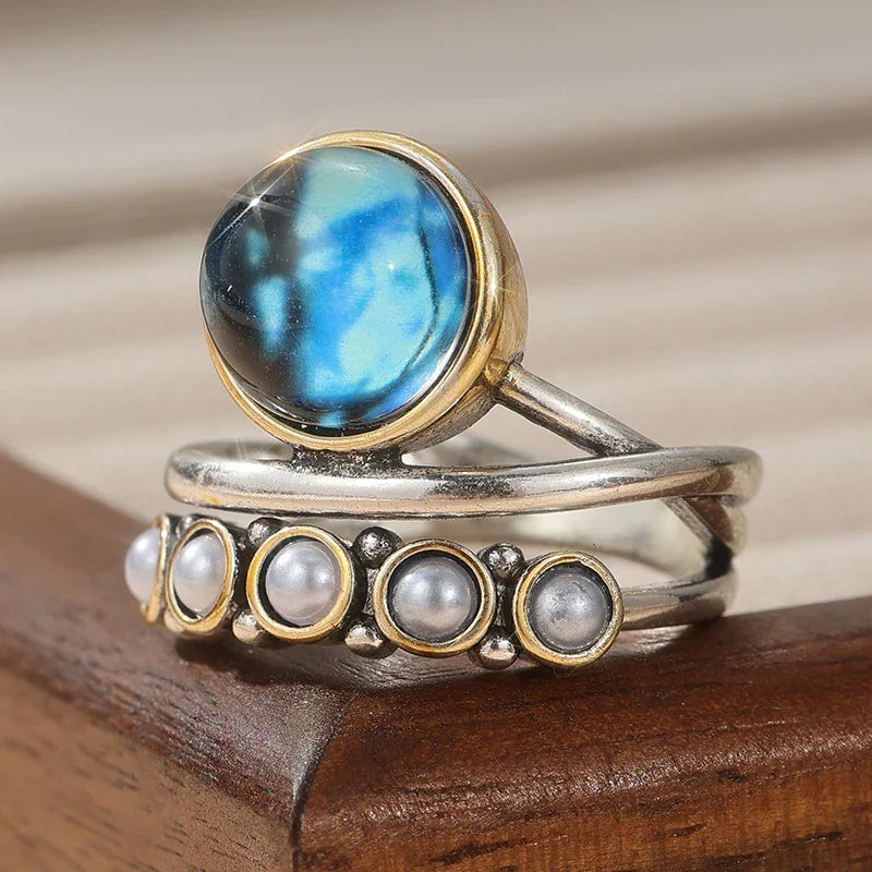 Ocean Blue Abalone & Pearl Stacking Ring