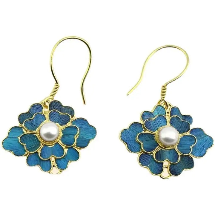 Vintage Blue Enamel Flower Pearl Drop Earrings