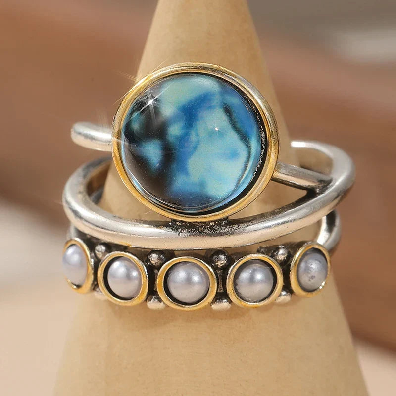 Ocean Blue Abalone & Pearl Stacking Ring