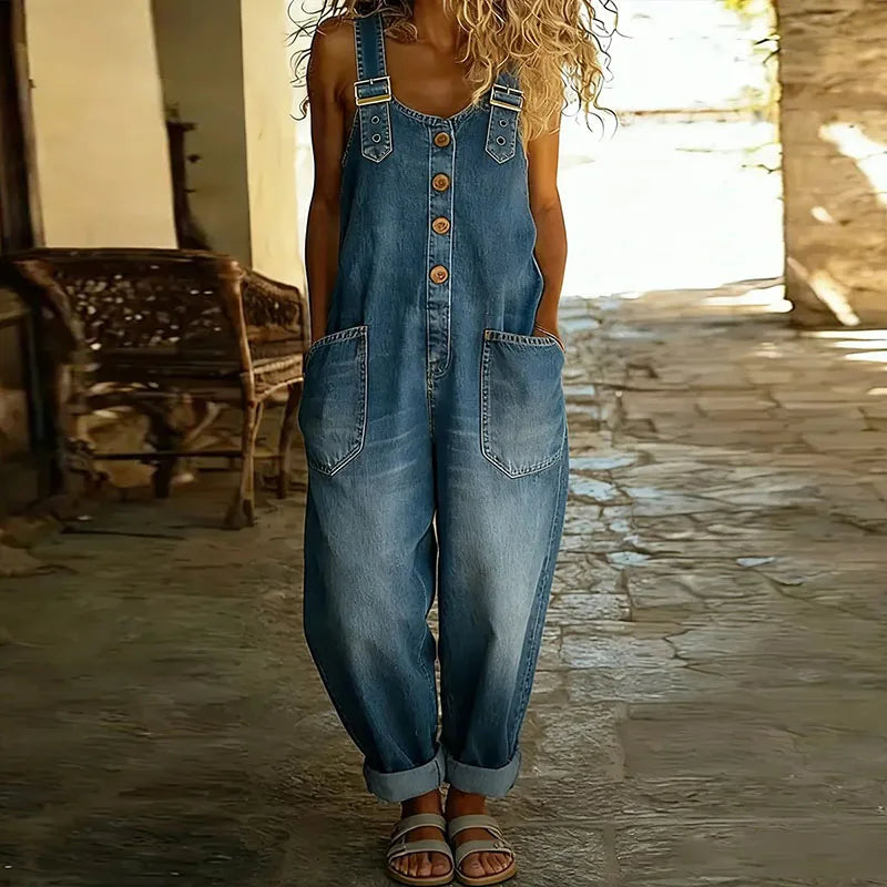 Mae | Salopette vintage effetto denim in morbido cotone con spalline regolabili